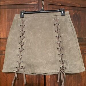Honey Punch Army Green Lace-Up Faux Suede Mini Skirt